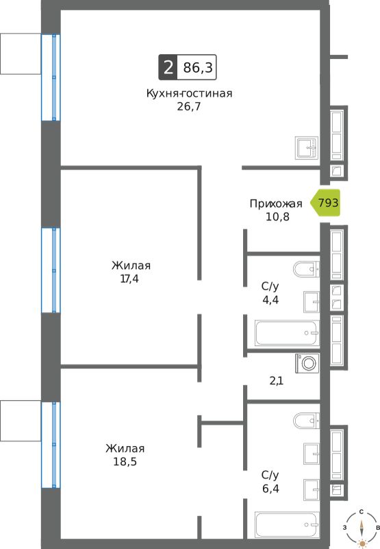 Планировка 86.3 м²