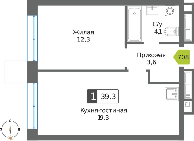 Планировка 39.3 м²