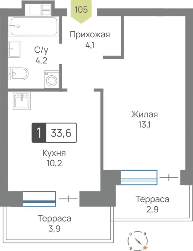 Планировка 33.6 м²