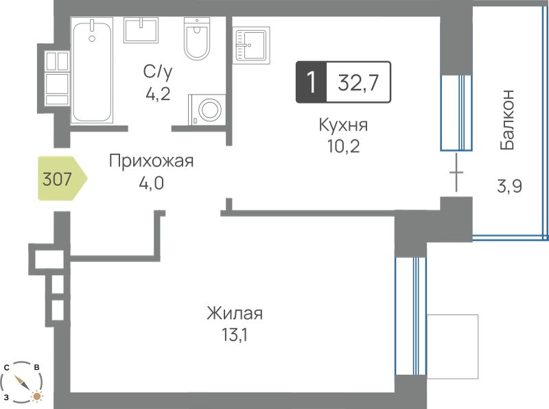 Планировка: 1-комнатная, 32.7 м²