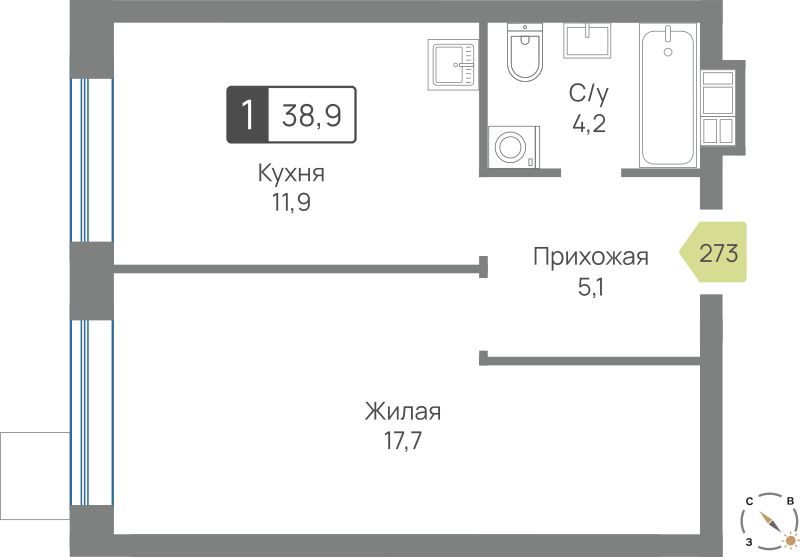 Планировка 38.9 м²