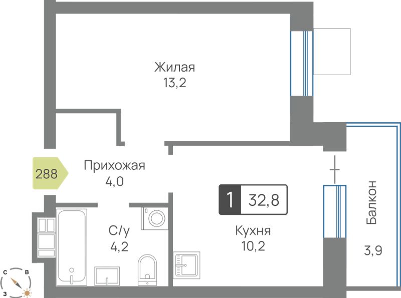 Планировка: 1-комнатная, 32.8 м²