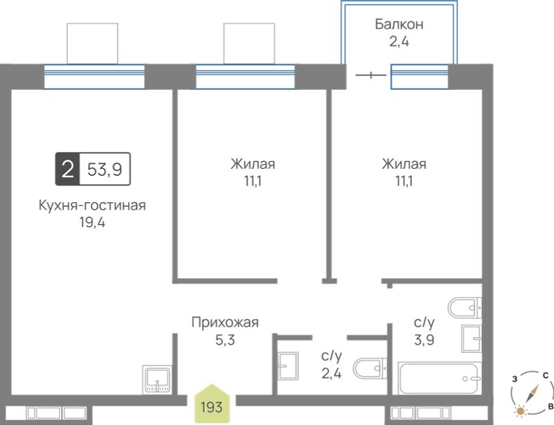 Планировка 53.9 м²