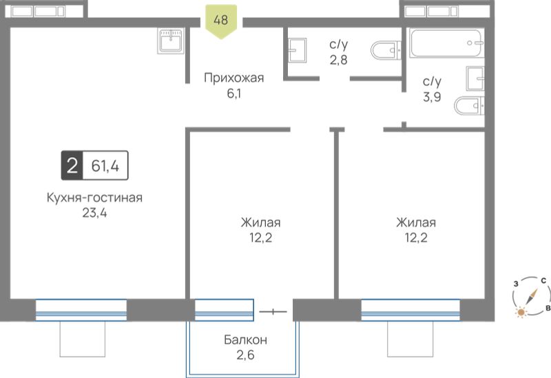 Планировка 61.4 м²
