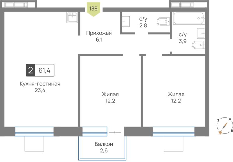 Планировка 61.4 м²