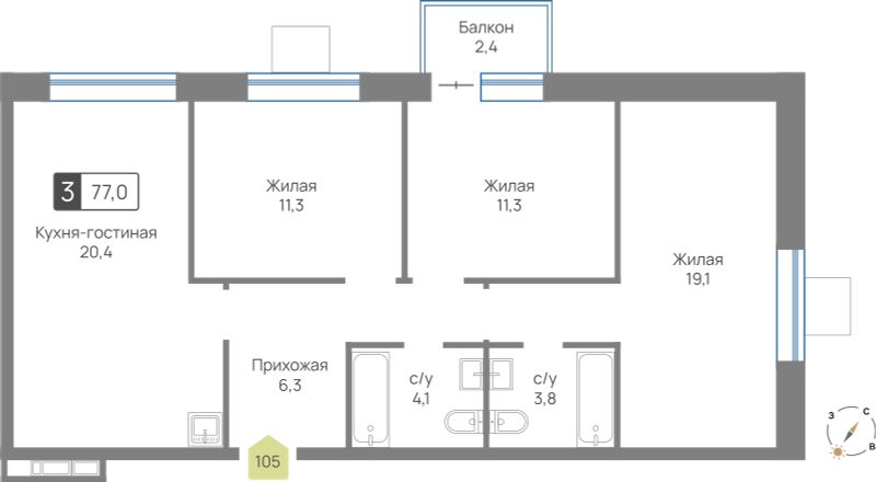 Планировка 77.0 м²