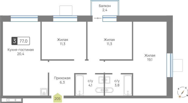Планировка 77.0 м²