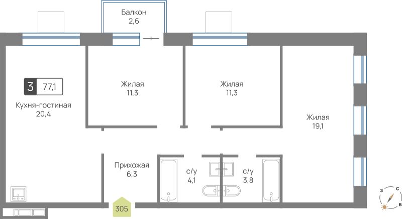 Планировка 77.1 м²