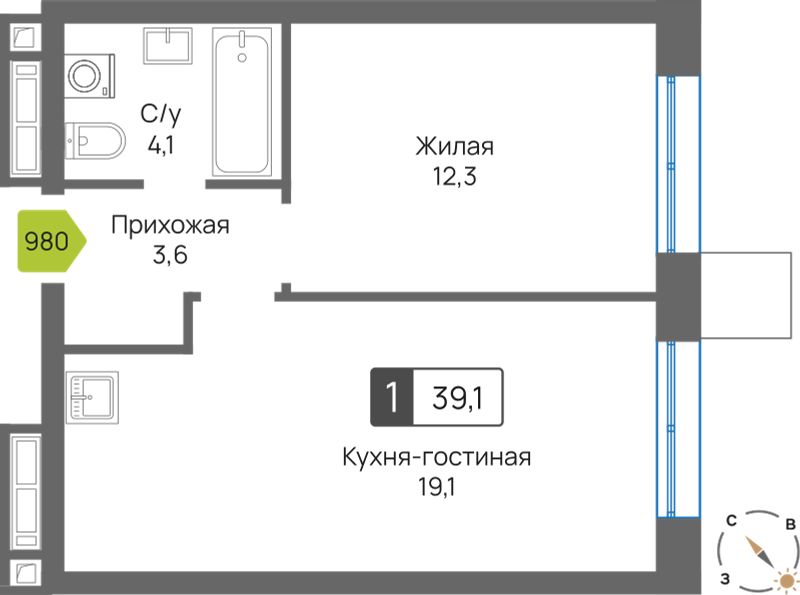 Планировка 39.1 м²