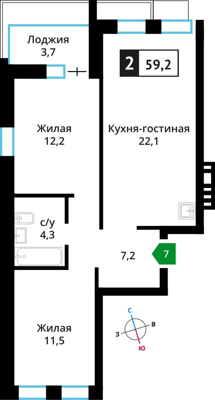Планировка 57.5 м²